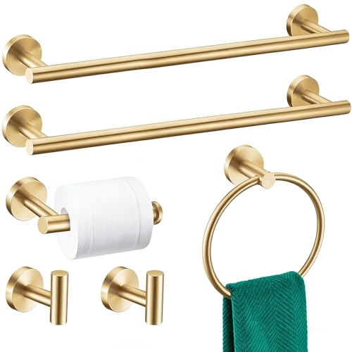 Kwanicas 6 Pieces Brushed Gold Bathroom Hardware Accessories Set, SUS304 Stainless Steel 24 Inch Bath Towel Bar Set, Round Bathroom Towel Holder Set, Towel Racks for Bathroom Wall Mounted - Image 1