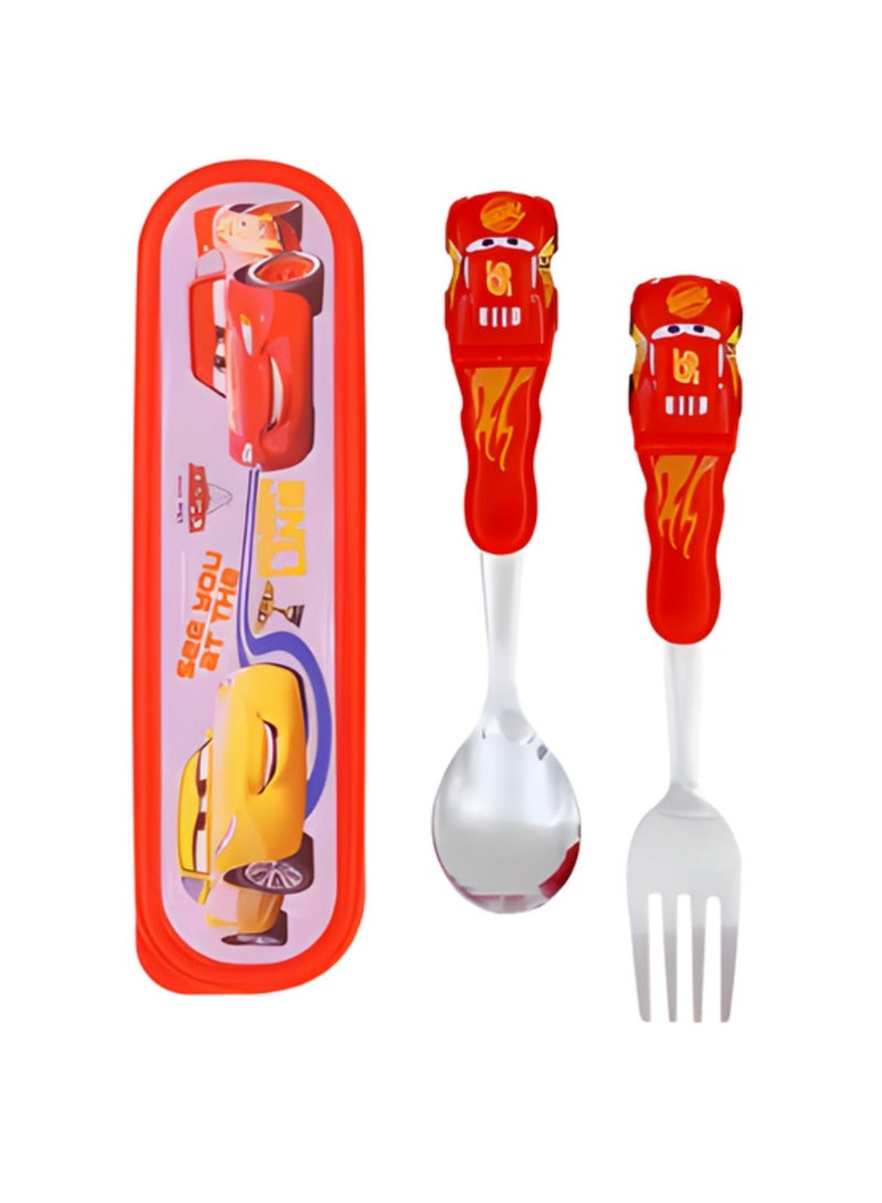 ديزني طقم ملاعق وشوك ماكوين للسيارات مع حقيبة – أدوات مائدة من الفولاذ المقاوم للصدأ للأطفال، أدوات سفر خالية من مادة BPA، طقم طعام كرتوني - Image 1
