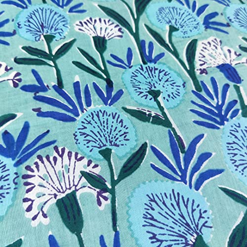 AVKA Studio Hand Block Print Fabric by The Yard - PRECUT 1 Yard 42 Inch Width - 100% Cotton Material - Light Green & Pink Floral Pattern - Light Weight Indian Cloth for Making Summer Dress Tops etc - Image 2