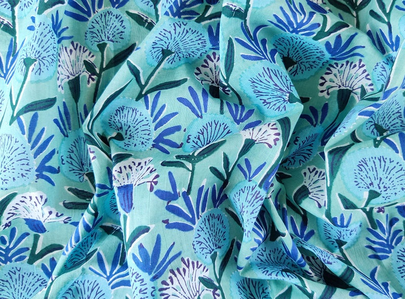 AVKA Studio Hand Block Print Fabric by The Yard - PRECUT 1 Yard 42 Inch Width - 100% Cotton Material - Light Green & Pink Floral Pattern - Light Weight Indian Cloth for Making Summer Dress Tops etc - Image 4