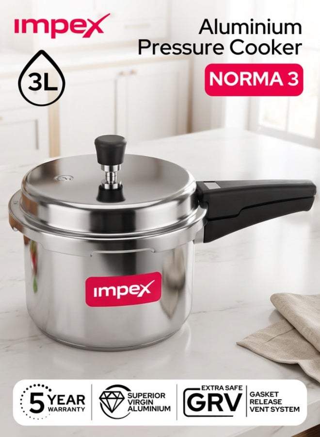 Impex 3 Litre Aluminium Pressure Cooker, Superior Virgin Aluminium, Food Grade Gasket, Lead-Free Safety Valve, Pressure Regulator, Gasket Release System, 5 Year Warranty - NORMA 3 silver 3Liters - Image 1