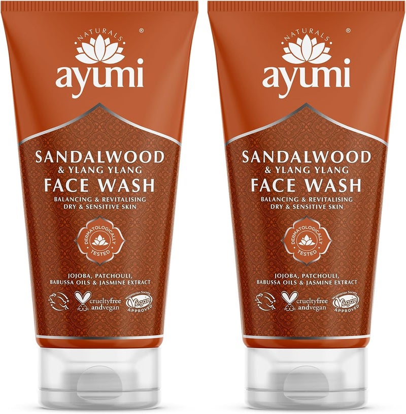 Ayumi Sandalwood Dry Skin Face Wash Hydrating Wash for Dry Sensitive Skin Aromatic Natural Facewash with Ylang Ylang Essential Oil Jojoba Face Wash Women Men 2x150ml
