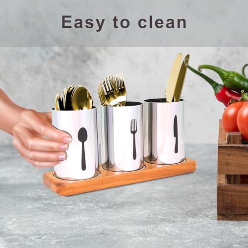 ROSTON Cutlery Holder for dining table with Spoon, Fork and Knife Compartments, Wood Base organizer self draining (ROUND) - Image 3
