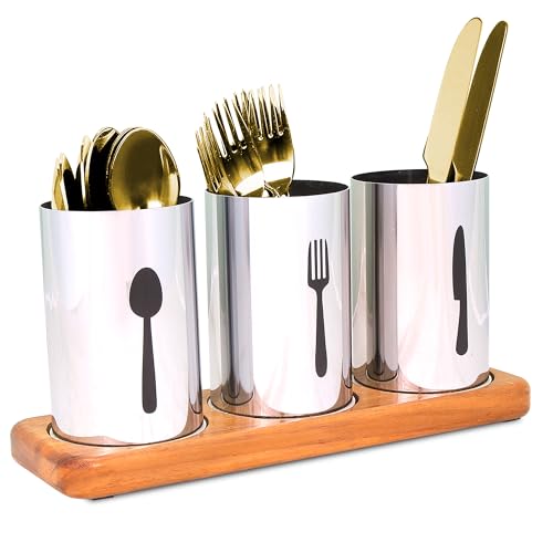 ROSTON Cutlery Holder for dining table with Spoon, Fork and Knife Compartments, Wood Base organizer self draining (ROUND) - Image 1