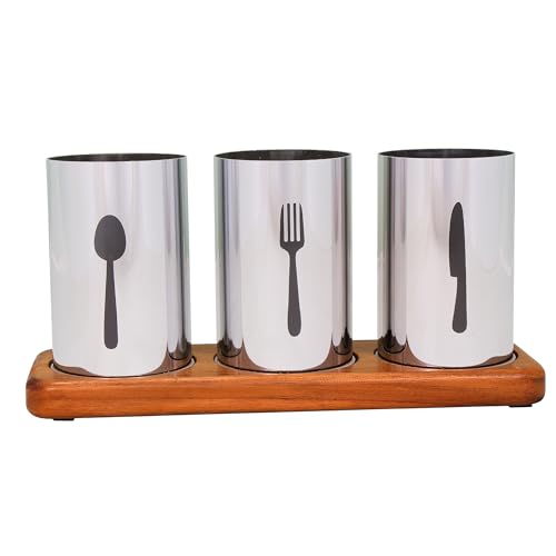 ROSTON Cutlery Holder for dining table with Spoon, Fork and Knife Compartments, Wood Base organizer self draining (ROUND) - Image 2