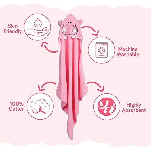 Luv Lap LuvLap Hooded Baby Bath Towel for New Born, Super Soft, Made with Super Soft and Highly Absorbent 100% Zero Twist Cotton, Can be Used for Baby Swaddling (Pink Hippo) - Image 2