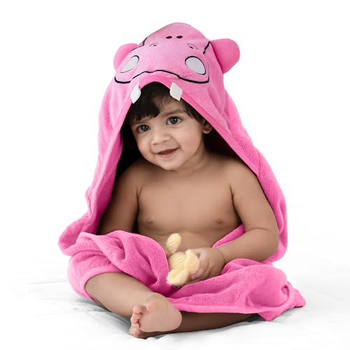 Luv Lap LuvLap Hooded Baby Bath Towel for New Born, Super Soft, Made with Super Soft and Highly Absorbent 100% Zero Twist Cotton, Can be Used for Baby Swaddling (Pink Hippo) - Image 1