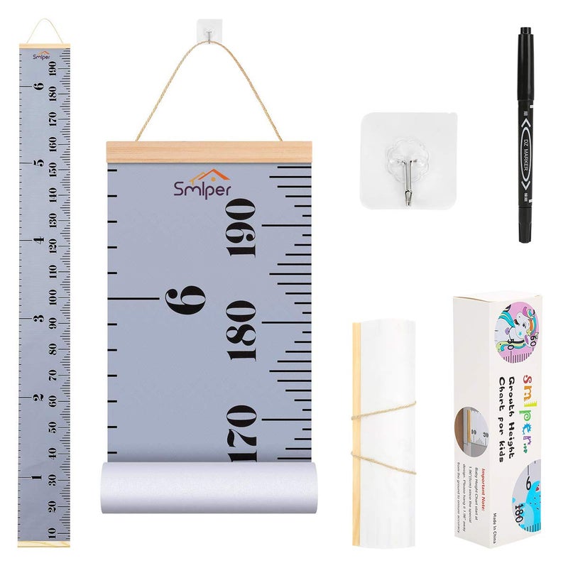 Smlper Growth Chart for Kids,Child Height Chart Ruler for Wall,White Grey Wood Frame Fabric Canvas Height Measurement Ruler for Kids Nursery Room,Removable Wall Decor 79"x7.9" - Image 1