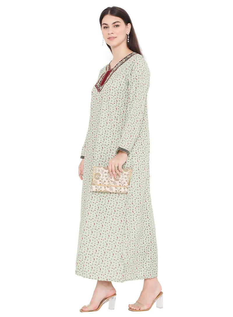 HANA & SARA TINY FLOWER PRINT WITH UNIQUE THREAD EMBROIDERY CASUAL ARABIC KAFTAN JALABIYA DRESS