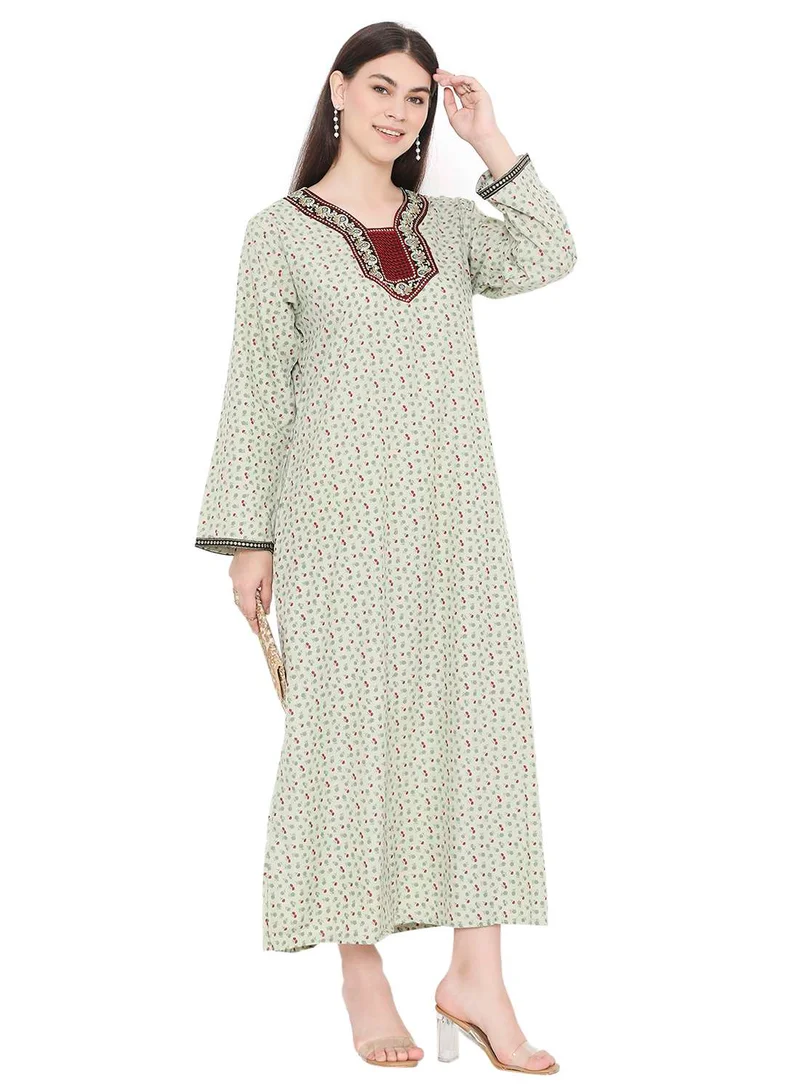 HANA & SARA TINY FLOWER PRINT WITH UNIQUE THREAD EMBROIDERY CASUAL ARABIC KAFTAN JALABIYA DRESS