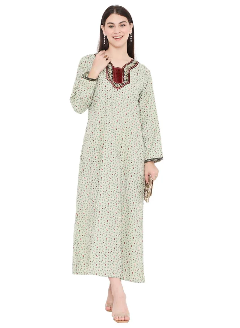 HANA & SARA TINY FLOWER PRINT WITH UNIQUE THREAD EMBROIDERY CASUAL ARABIC KAFTAN JALABIYA DRESS