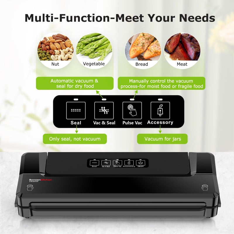 Bonsenkitchen Vacuum Sealer Machine | Compact Food Sealer for Kitchen Storage & Meal Prep | Multiple Modesâ€‹â€‹ | External Vacuum System | 5 Bags, Black - Image 2