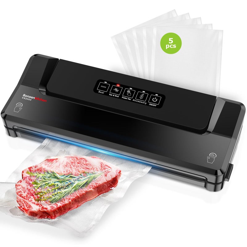 Bonsenkitchen Vacuum Sealer Machine | Compact Food Sealer for Kitchen Storage & Meal Prep | Multiple Modesâ€‹â€‹ | External Vacuum System | 5 Bags, Black - Image 1