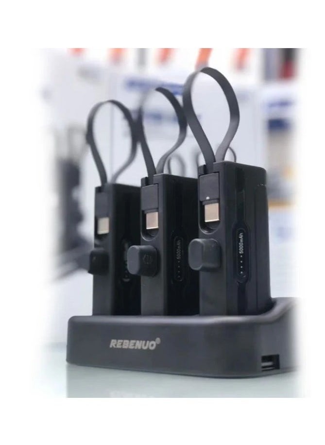 REBENUO 🔋 Power Bank Station with 3 x 5000mAh Modular Power Banks – Total 15000mAh Capacity – Built-in Type-C & Lightning Cables – Fast Charging Dock for iPhone, Android, Tablets & USB Devices – Travel-Ready Portable Charging Set with LED Indicator - Image 2