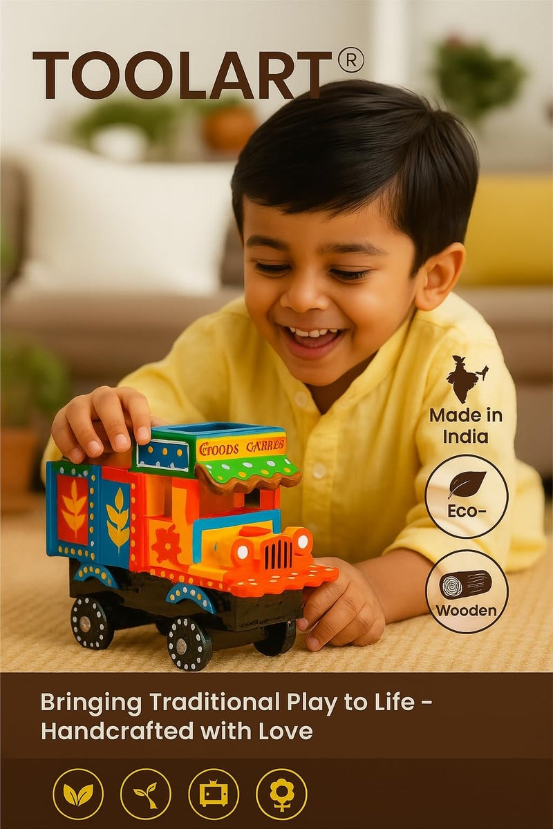Toolart® Wooden Hand-Painted Toy Truck for Kids | Colorful Desi Push and Pull Character Vehicle | No Battery Required | Eco-Friendly Traditional Indian Toy (Color May Vary) Small_Truck_01 - Image 3