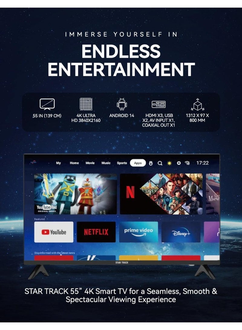 ستار تراك Star Track 55 Inch 4K Ultra HD Smart LED TV Android WiFi Netflix YouTube Miracast Bezel Less Black ST-55K-SY2200-Smart - Image 3