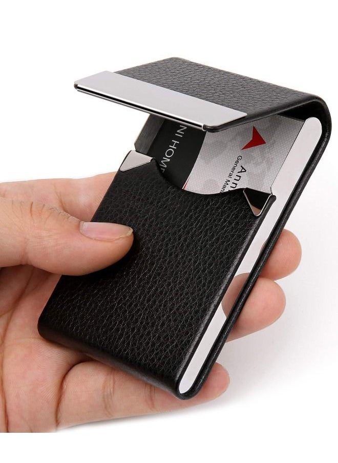 Generic - Business Card Holder Case, Fashion Professional PU Leather Business Card Name Card Holder Slim Metal Pocket Card Holder with Magnetic Shut, Black - Image 1