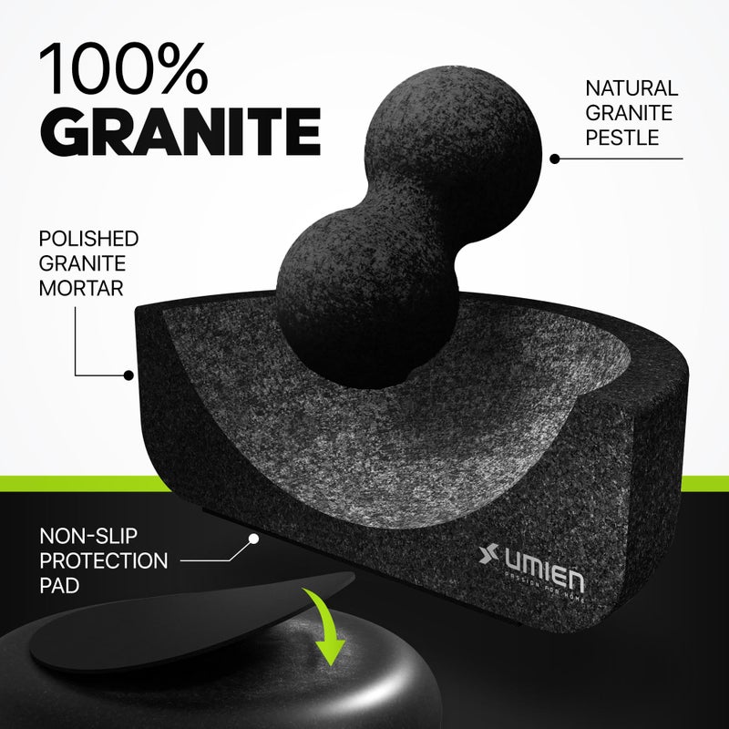 Umien Granite Mortar and Pestle Set - 8-Inch Natural Stone Molcajete with Avocado Tool - 3.5 Cup Capacity for Spices, Herbs, Pestos & Guacamole - Premium Kitchen Gift (Black) - Image 3