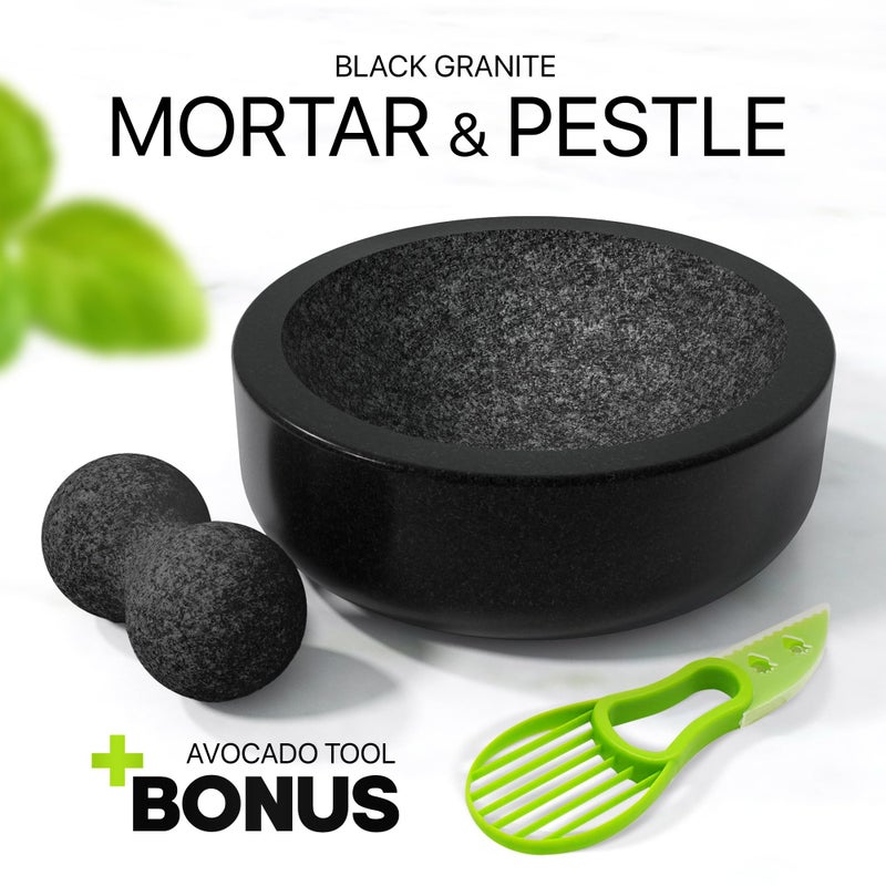 Umien Granite Mortar and Pestle Set - 8-Inch Natural Stone Molcajete with Avocado Tool - 3.5 Cup Capacity for Spices, Herbs, Pestos & Guacamole - Premium Kitchen Gift (Black) - Image 4