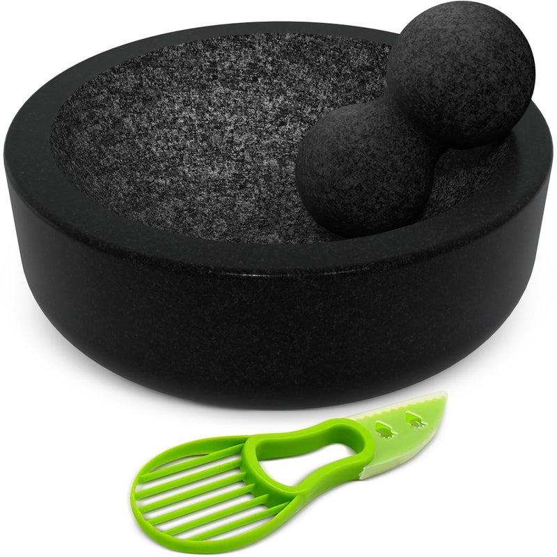 Umien Granite Mortar and Pestle Set - 8-Inch Natural Stone Molcajete with Avocado Tool - 3.5 Cup Capacity for Spices, Herbs, Pestos & Guacamole - Premium Kitchen Gift (Black) - Image 1