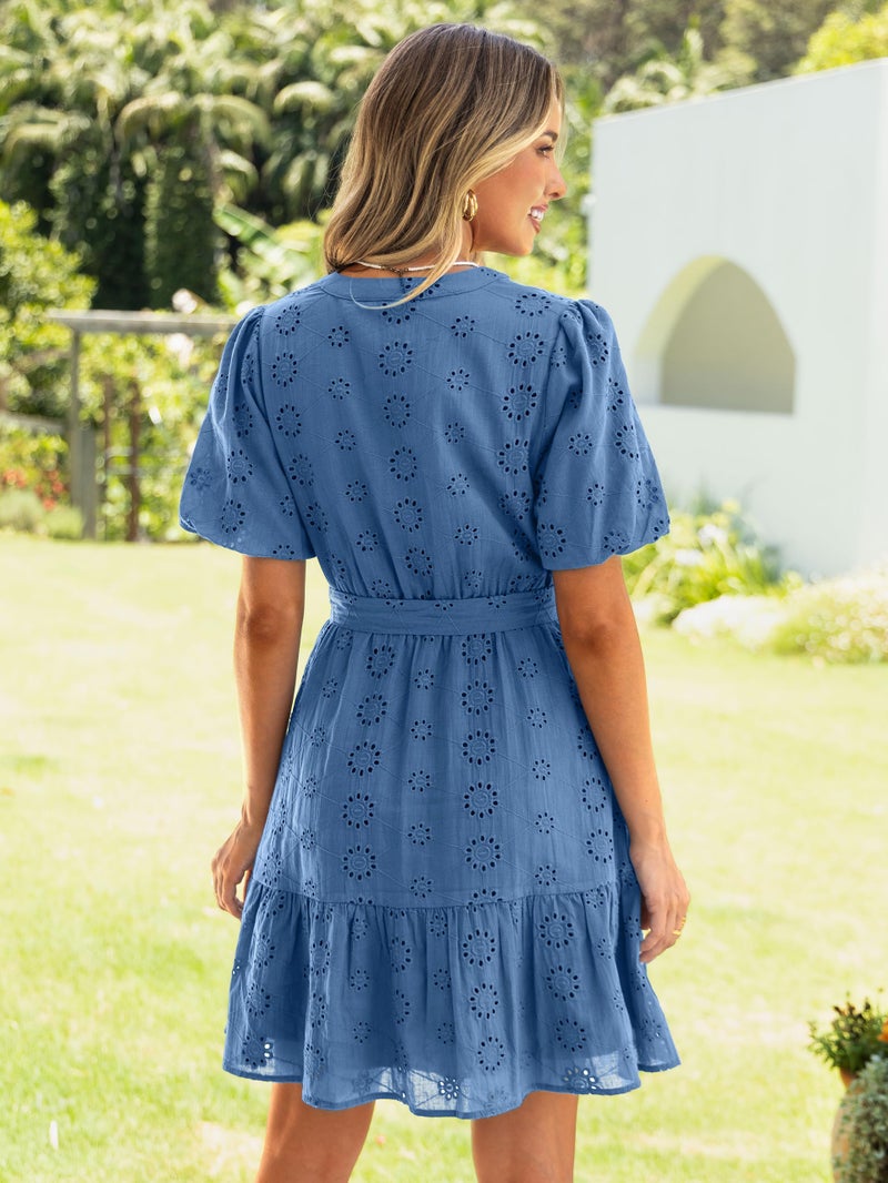Simplee Apparel Simplee Womens 2026 Summer Mini Dress 2026 Spring V Neck Short Sleeve Hollow Out Lace Ruffle Belt Casual Beach Vacation Dress(Gray Blue L) - Image 5