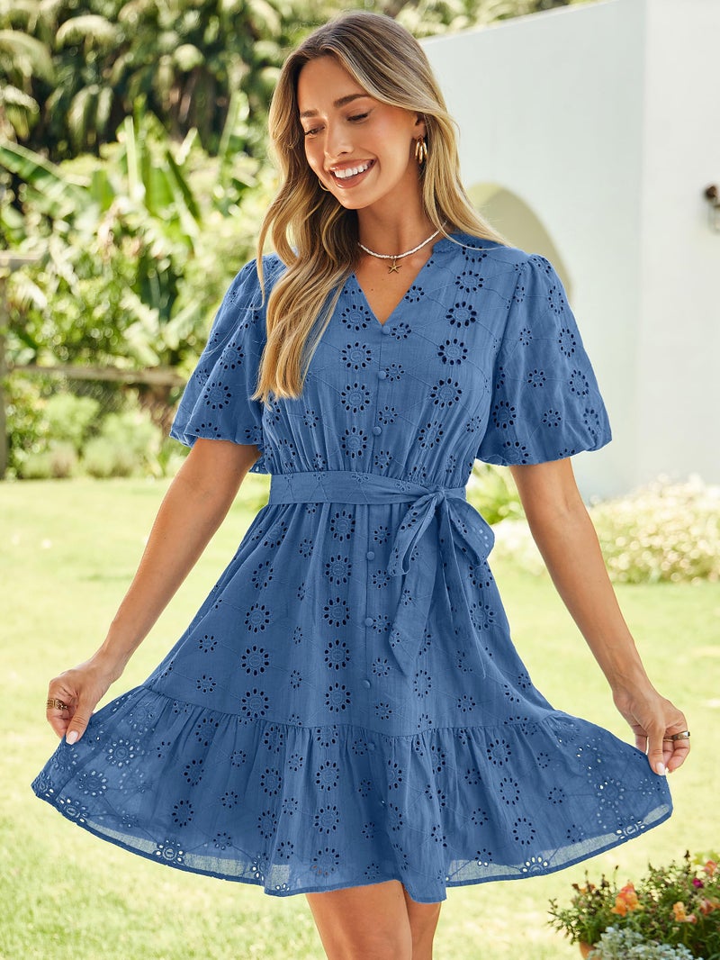 Simplee Apparel Simplee Womens 2026 Summer Mini Dress 2026 Spring V Neck Short Sleeve Hollow Out Lace Ruffle Belt Casual Beach Vacation Dress(Gray Blue L) - Image 4