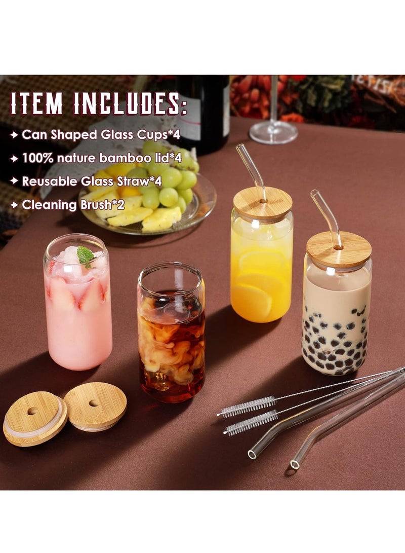ميكسد 4pcs Set 16oz Drinking Glasses with Bamboo Lids and Glass Straw Can Shaped Coffee Glasses With 2 Cleaning Brushes - Image 4