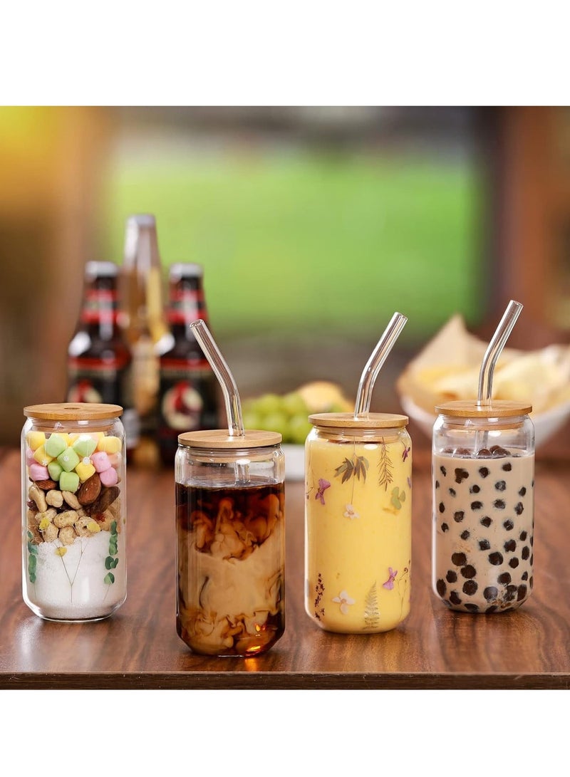 ميكسد 4pcs Set 16oz Drinking Glasses with Bamboo Lids and Glass Straw Can Shaped Coffee Glasses With 2 Cleaning Brushes - Image 5