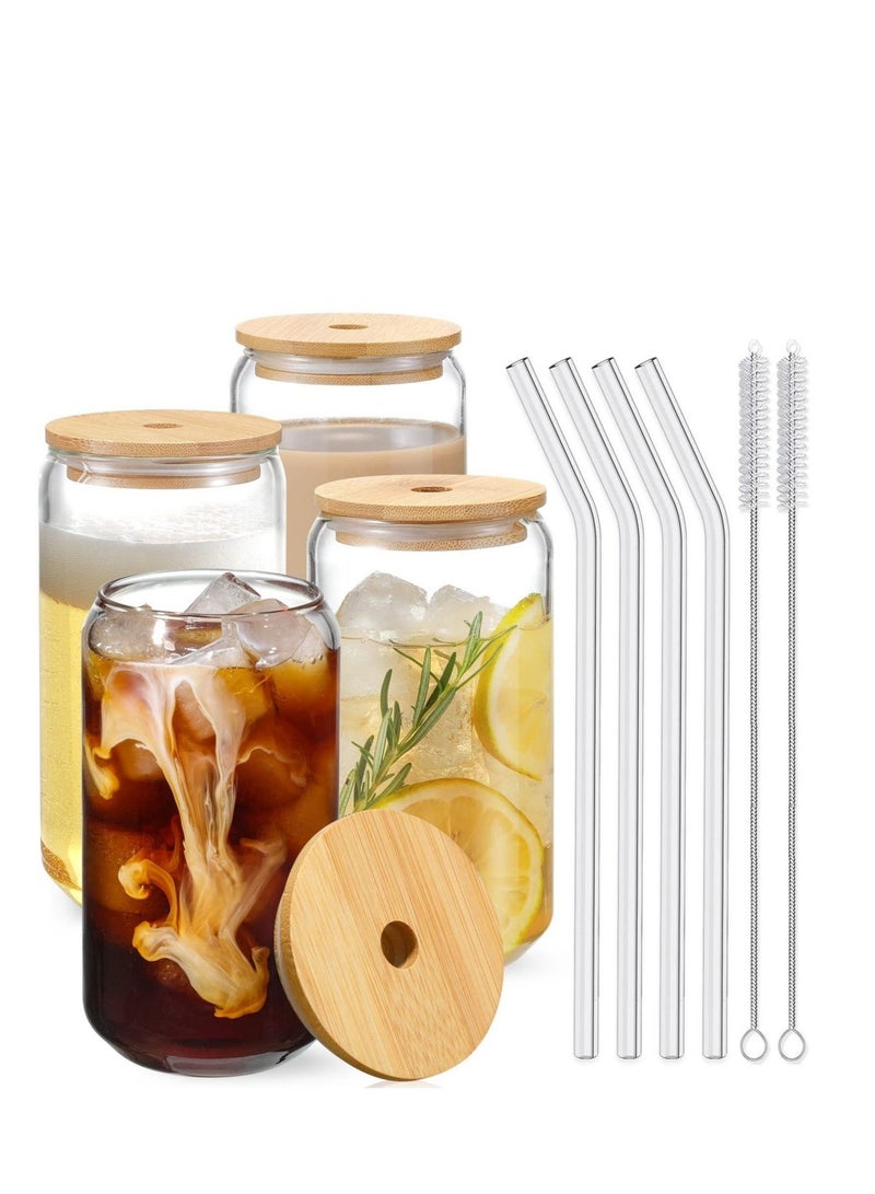 ميكسد 4pcs Set 16oz Drinking Glasses with Bamboo Lids and Glass Straw Can Shaped Coffee Glasses With 2 Cleaning Brushes - Image 1