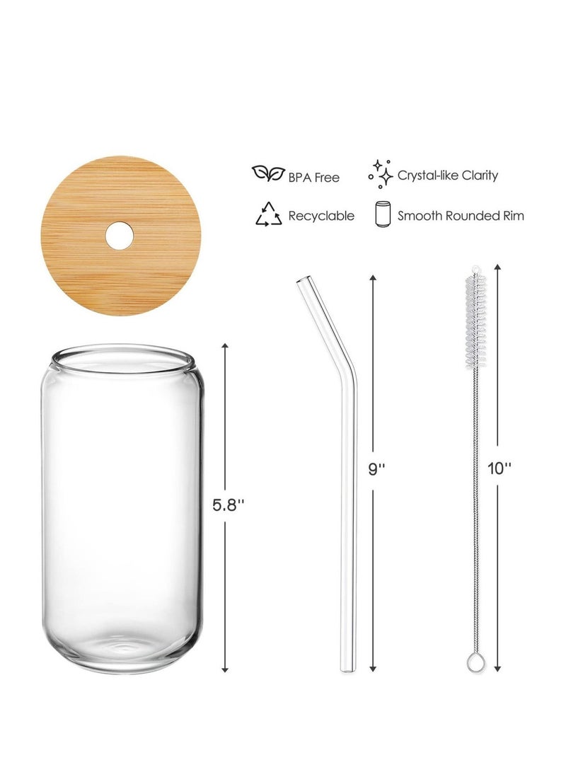 ميكسد 4pcs Set 16oz Drinking Glasses with Bamboo Lids and Glass Straw Can Shaped Coffee Glasses With 2 Cleaning Brushes - Image 3