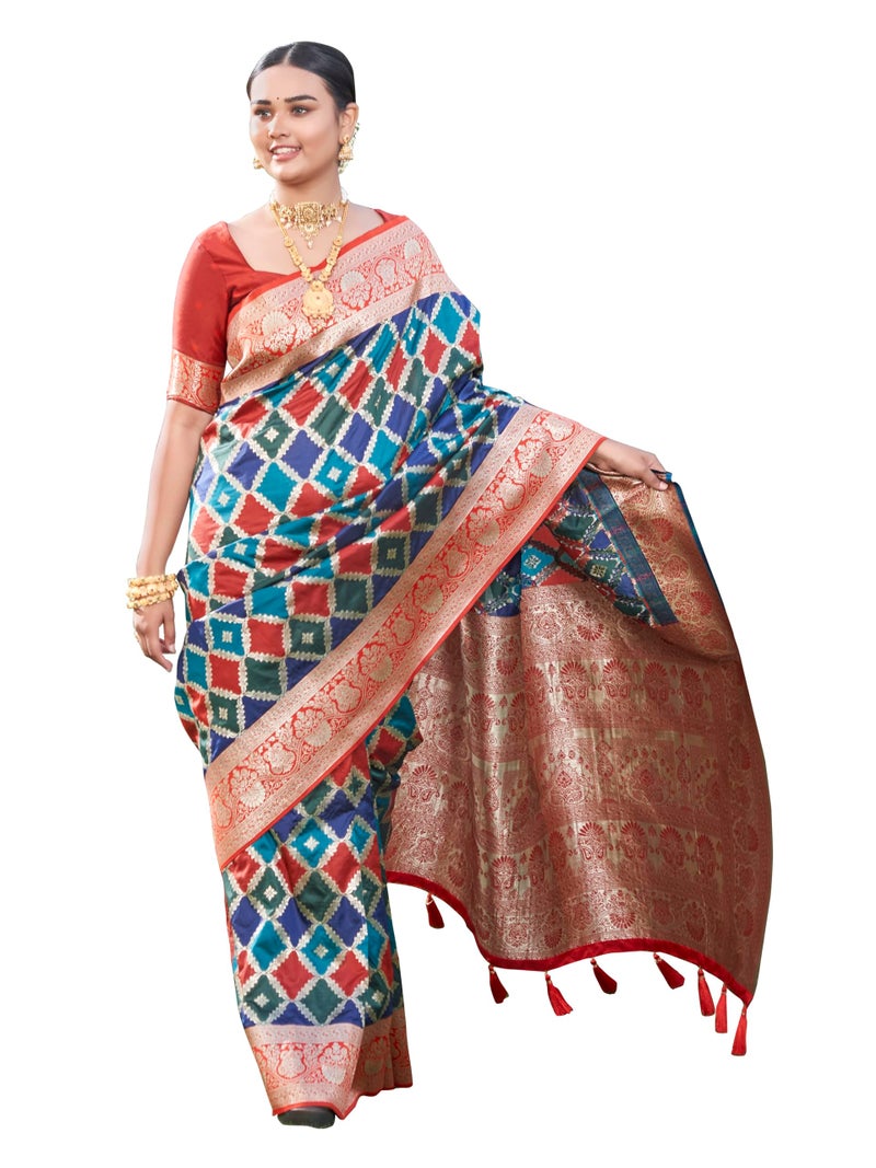 MANOHARI Women's Most Trendy Banarasi Woven Navy Blue with Multicolor Saree With Heavy Jacquard Work Saree With Blouse Piece - Image 1