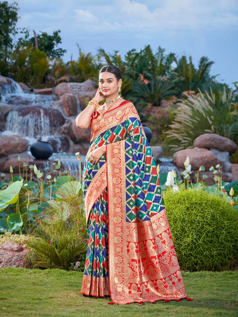 MANOHARI Women's Most Trendy Banarasi Woven Navy Blue with Multicolor Saree With Heavy Jacquard Work Saree With Blouse Piece - Image 2