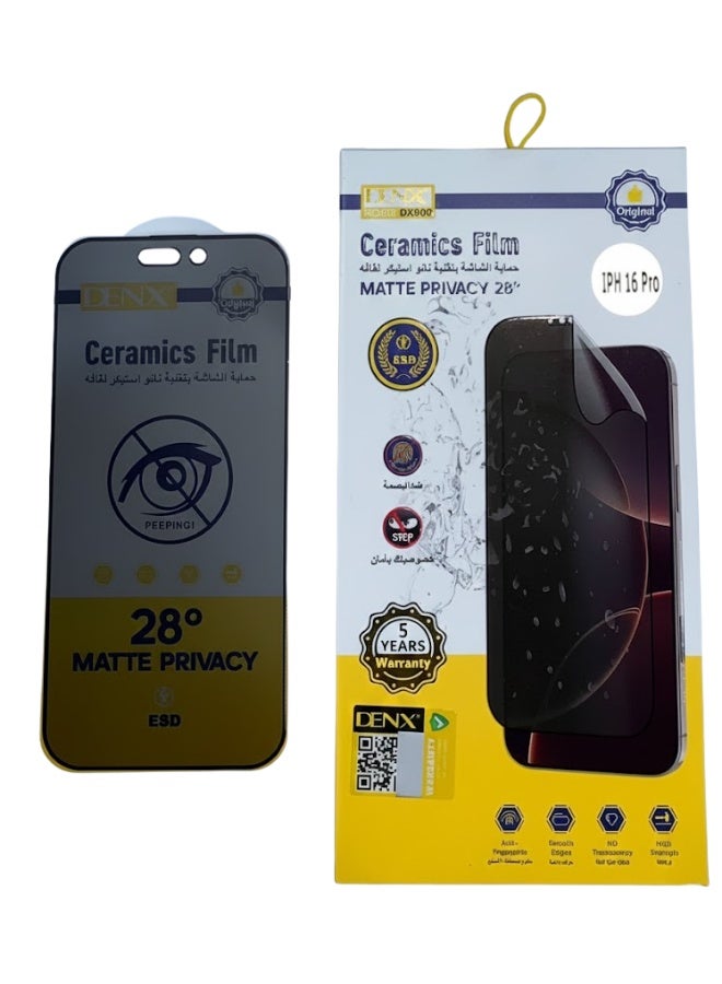 دينكس واقي شاشة دينكس فيلم سيراميك مطفي للخصوصية لهاتف آيفون 16 برو مع زاوية رؤية ضيقة 28 درجة
