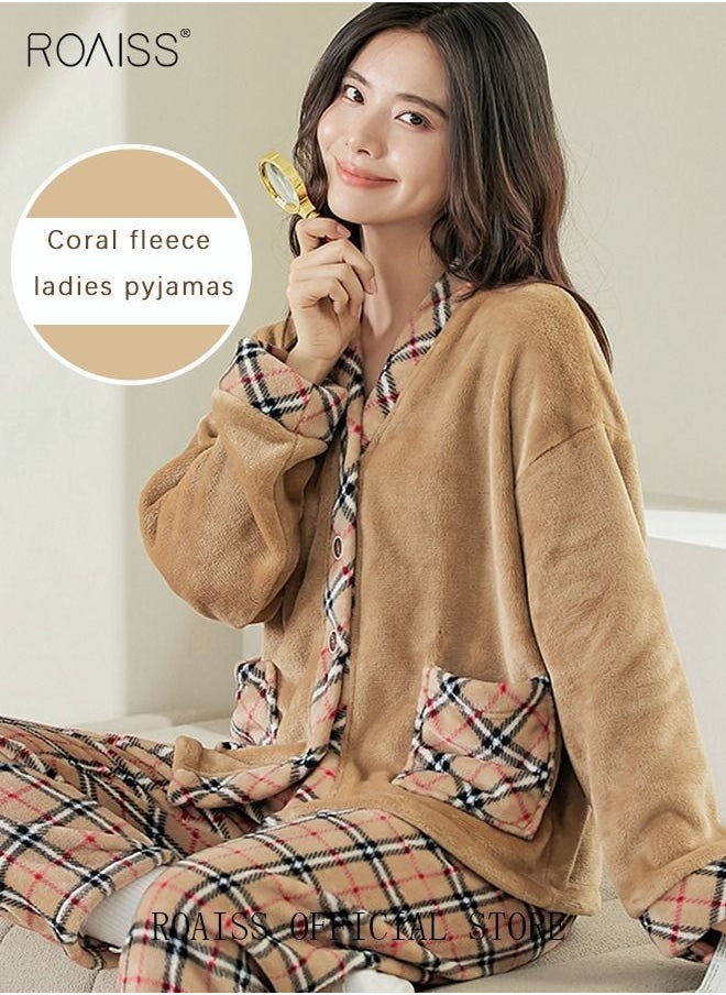 roaiss Couple Pajamas Set Long Sleeves Plaid Pattern Sleepwear for Men and Women Coral Fleece Loungewear Autumn and Winter Warm Home Clothes Gift for Boyfriend Girlfriend Husband Wife  - Image 1