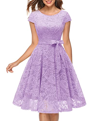 MUADRESS Women Cap-Sleeve Lace Floral Elegant Cocktail Dress Crew Neck Knee Length Bridesmaid Prom Dresses for Party Lavender L - Image 1