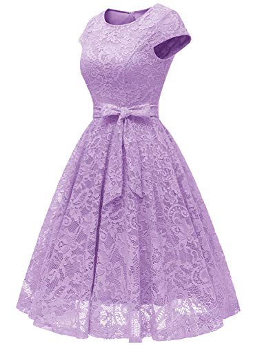 MUADRESS Women Cap-Sleeve Lace Floral Elegant Cocktail Dress Crew Neck Knee Length Bridesmaid Prom Dresses for Party Lavender L - Image 2