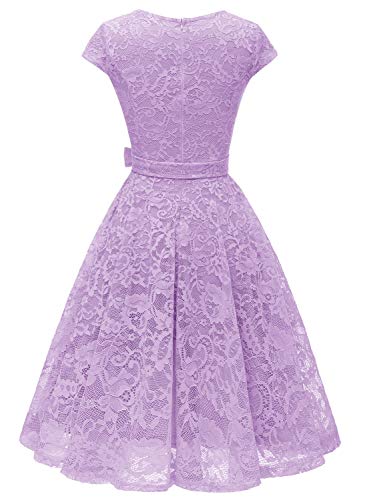 MUADRESS Women Cap-Sleeve Lace Floral Elegant Cocktail Dress Crew Neck Knee Length Bridesmaid Prom Dresses for Party Lavender L - Image 4