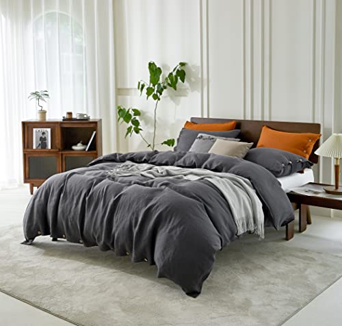 EVERLY 100% Pure Linen Duvet Cover Set Queen Size90X90Inch 3pcs (1 Duvet Cover,2 Pillowcases) Soft and Breathable for All Season with Coconut Button Closure, Suitable for Hot Sleepers-Dark Grey-Queen - Image 2