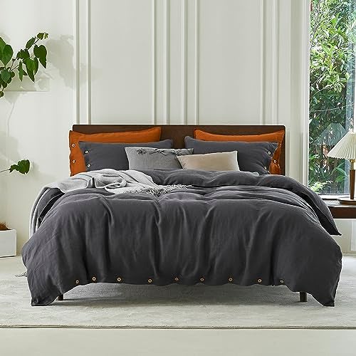 EVERLY 100% Pure Linen Duvet Cover Set Queen Size90X90Inch 3pcs (1 Duvet Cover,2 Pillowcases) Soft and Breathable for All Season with Coconut Button Closure, Suitable for Hot Sleepers-Dark Grey-Queen - Image 1