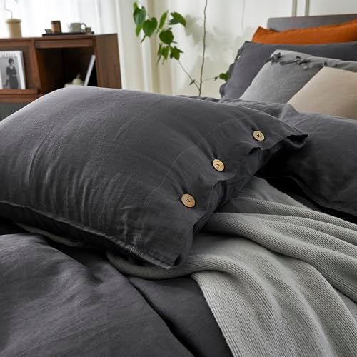 EVERLY 100% Pure Linen Duvet Cover Set Queen Size90X90Inch 3pcs (1 Duvet Cover,2 Pillowcases) Soft and Breathable for All Season with Coconut Button Closure, Suitable for Hot Sleepers-Dark Grey-Queen - Image 3