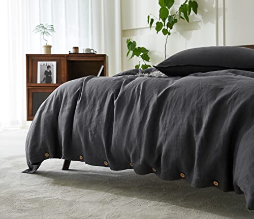 EVERLY 100% Pure Linen Duvet Cover Set Queen Size90X90Inch 3pcs (1 Duvet Cover,2 Pillowcases) Soft and Breathable for All Season with Coconut Button Closure, Suitable for Hot Sleepers-Dark Grey-Queen - Image 5
