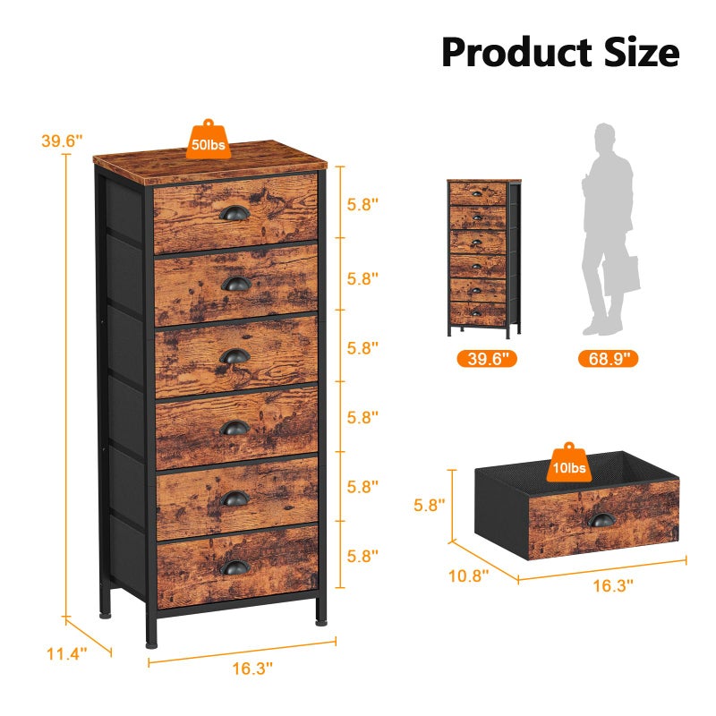 Furnulem Tall Dresser with 6 Drawers,Vertical End Table and Nightstand for Bedroom,Industrial Dorm Bedside Furniture with Fabric Storage Drawer Organizer in Living Room,Closet,Entryway(Rustic Brown) - Image 3