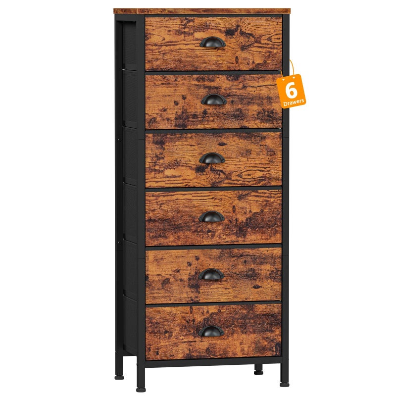 Furnulem Tall Dresser with 6 Drawers,Vertical End Table and Nightstand for Bedroom,Industrial Dorm Bedside Furniture with Fabric Storage Drawer Organizer in Living Room,Closet,Entryway(Rustic Brown) - Image 1