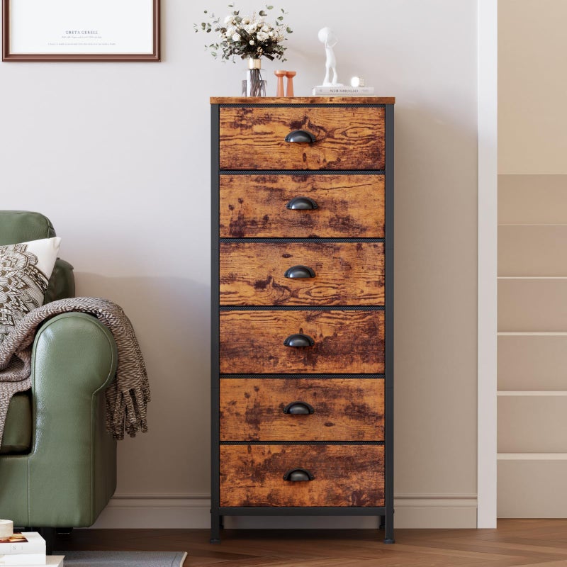 Furnulem Tall Dresser with 6 Drawers,Vertical End Table and Nightstand for Bedroom,Industrial Dorm Bedside Furniture with Fabric Storage Drawer Organizer in Living Room,Closet,Entryway(Rustic Brown) - Image 2