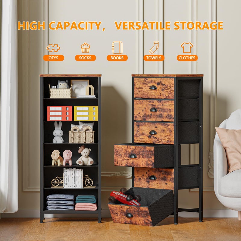 Furnulem Tall Dresser with 6 Drawers,Vertical End Table and Nightstand for Bedroom,Industrial Dorm Bedside Furniture with Fabric Storage Drawer Organizer in Living Room,Closet,Entryway(Rustic Brown) - Image 4