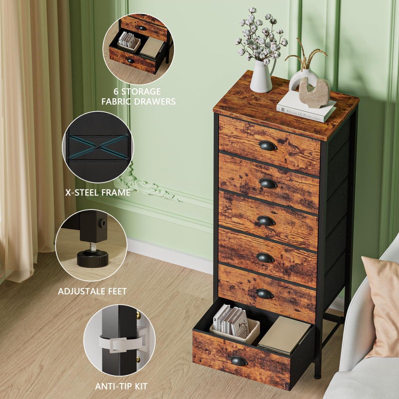 Furnulem Tall Dresser with 6 Drawers,Vertical End Table and Nightstand for Bedroom,Industrial Dorm Bedside Furniture with Fabric Storage Drawer Organizer in Living Room,Closet,Entryway(Rustic Brown) - Image 5