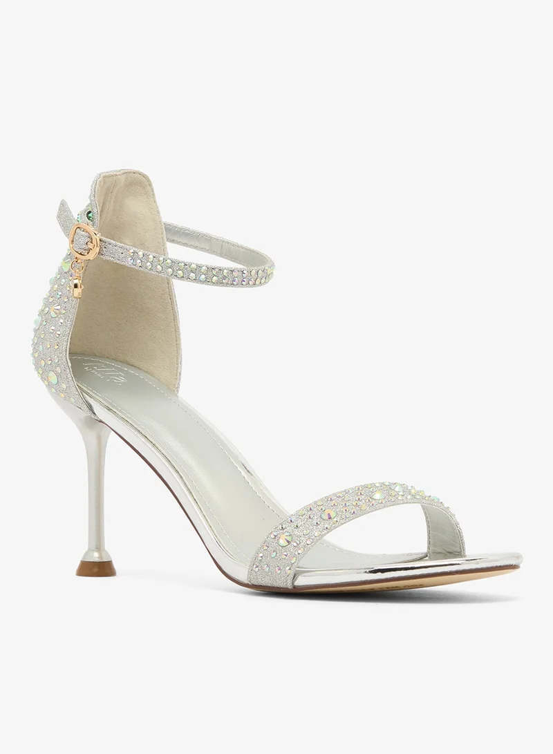 Silver Rhinestone Embellished High Heel Strap Detail Sandals