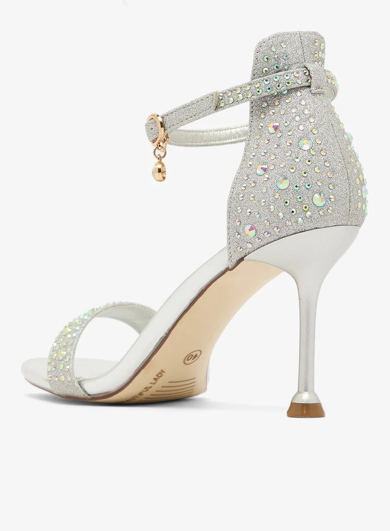 Ella Limited Edition Silver Rhinestone Embellished High Heel Strap Detail Sandals
