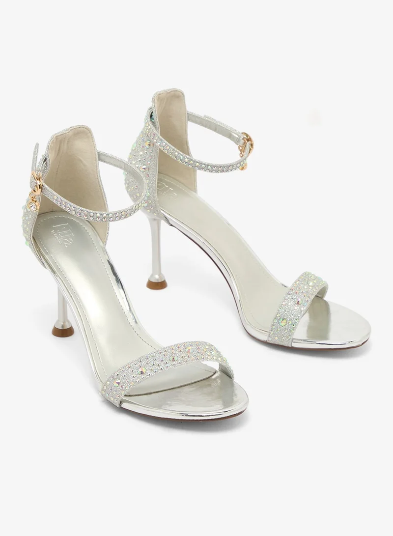 Silver Rhinestone Embellished High Heel Strap Detail Sandals