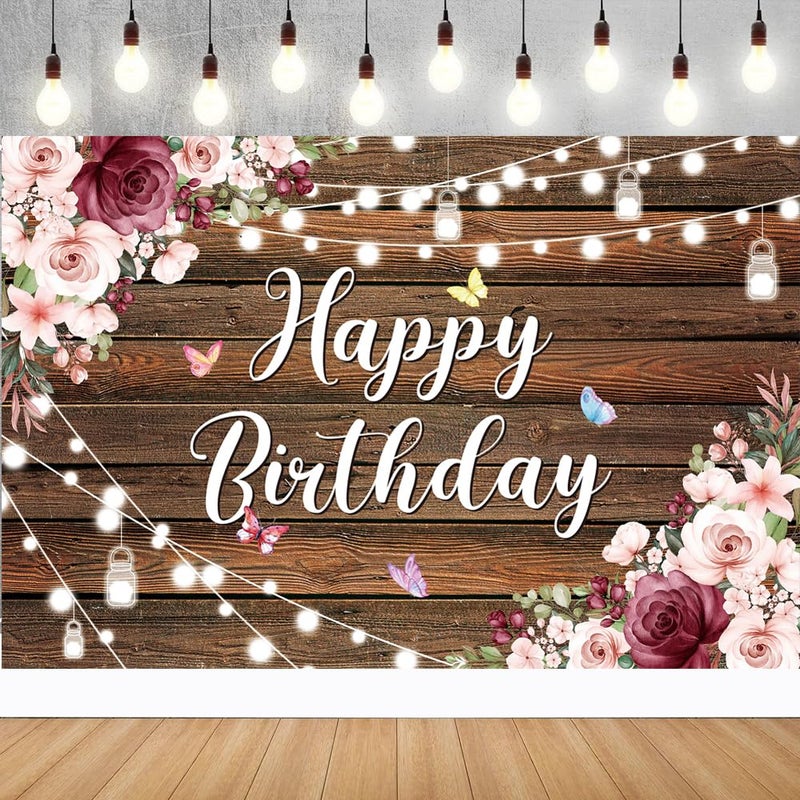 YinQin 180x120 cm Rustic Wood Flower Birthday Backdrops Photo Cloth 71x47 inch Happy Bday Photography Backgrounds Wooden Floral Butterfly Happy Birthday Sign Banner Decoration for Women Girl - Image 4